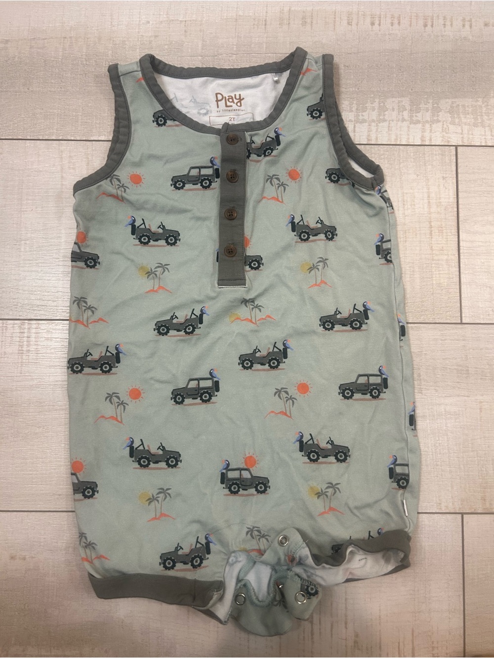 Little Sleepies Sage Green Jeep Print Sleeveless play Romper